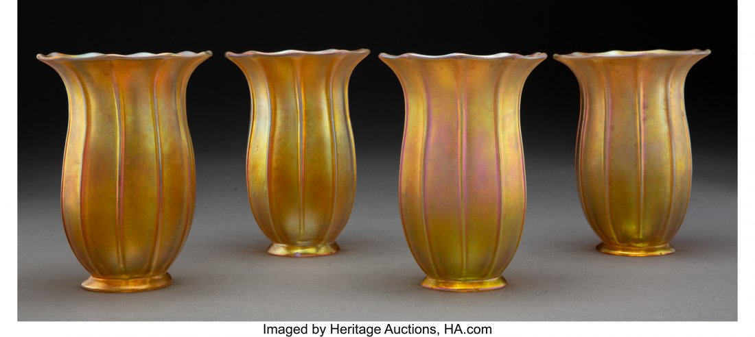 Set of Four Steuben Gold Aurene Glass Lamp Shade: Set of Four Steuben Gold Aurene Glass Lamp Shades, circa 1910 Marks: STEUBEN, (fleur-de-lis) 6 inches (15.2 cm) (each) HID03101062020 © 2020 Heritage Auctions | All Rights Reserved