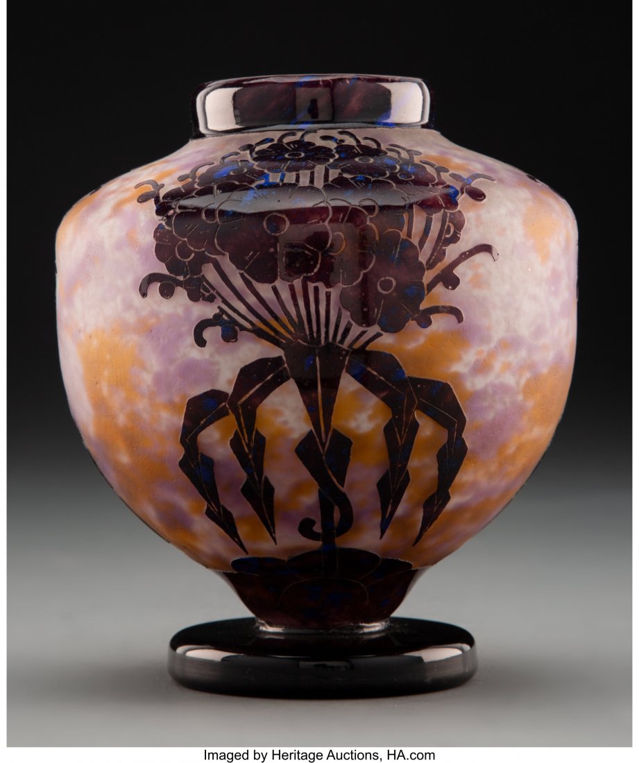 Schneider Le Verre Francais Overlaid, Acid-Etche: Schneider Le Verre Francais Overlaid, Acid-Etched, and Wheel-Carved Glass Footed Vase, circa 1925 Marks: Le Verre Francais, Charder 7-1/2 inches (19.1 cm) HID03101062020 © 2020 Heritage Auctions 