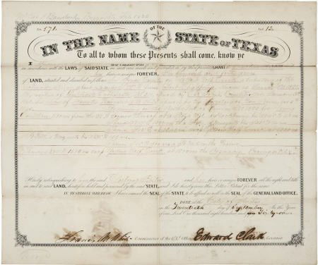 [Texas C.S.A.] Edward Clark Land Grant Signed as