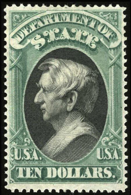 #O70, 1873, $10 Green & Black. (Original Gum - H