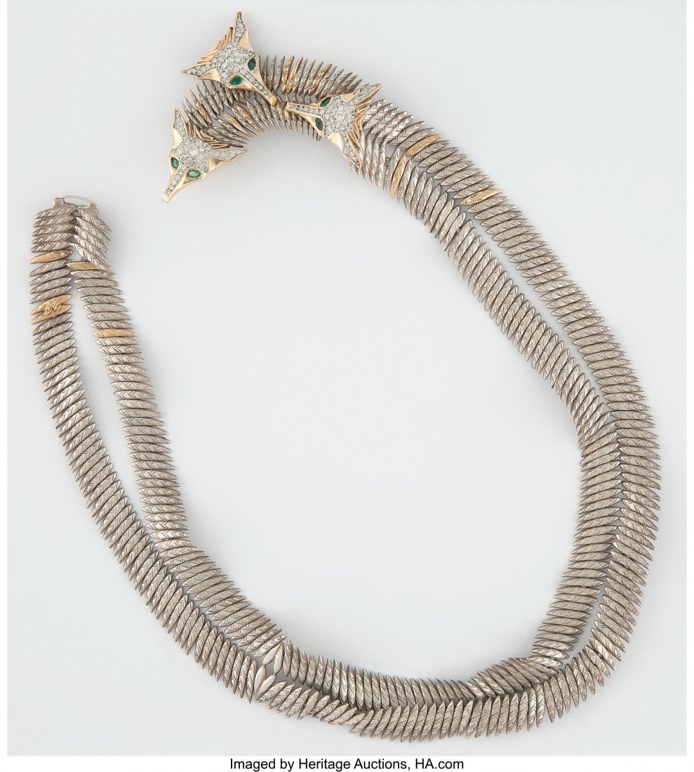 An Erté Silver, 14K Gold, and Diamond Fox: An Erté Silver, 14K Gold, and Diamond Foxes Collar Necklace with Original Box Marks: ©CFA, STERLING, 14k, 8/250, Erté 17 inches (43.2 cm) (circumference) HID03101062020 © 2020 