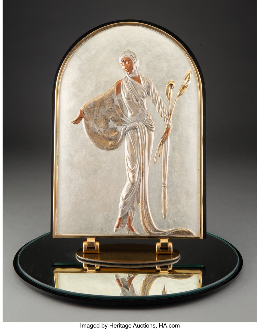 An Erté Cold Painted and Partial Gilt Bro: An Erté Cold Painted and Partial Gilt Bronze and Glass Lily Table Mirror Marks: Erté, 132/395 © PARKER, SEVENARTS LTD. JM 18 inches (45.7 cm) on a 1/2 inch (3.8 cm) mirrored base HI