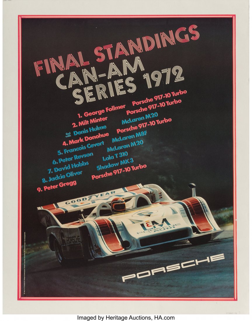 Porsche Can-Am Series Final Standings Poster, 19: Porsche Can-Am Series Final Standings Poster, 1972 39-1/2 x 30-1/2 inches (110.5 x 77.5 cm) Photograph by Rainer Schlegelmilch, designed by Entworf Korger. HID03101062020 © 2020 Heritage Auctions
