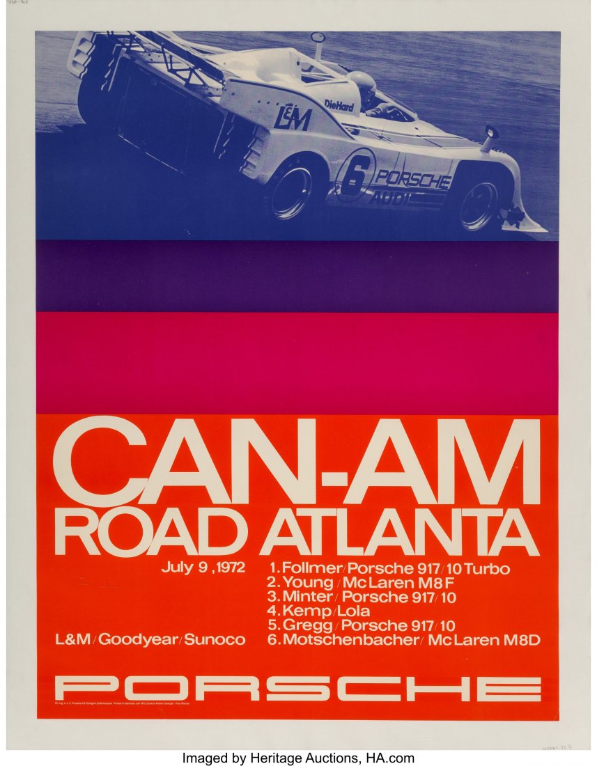 Can-Am Road Atlanta Victory Poster, 1972 39-1/2: Can-Am Road Atlanta Victory Poster, 1972 39-1/2 x 30-1/4 inches (100.3 x 86.4 cm) Designed by Erich Strenger (German, 1922-1993). HID03101062020 © 2020 Heritage Auctions | All Rights Reserved