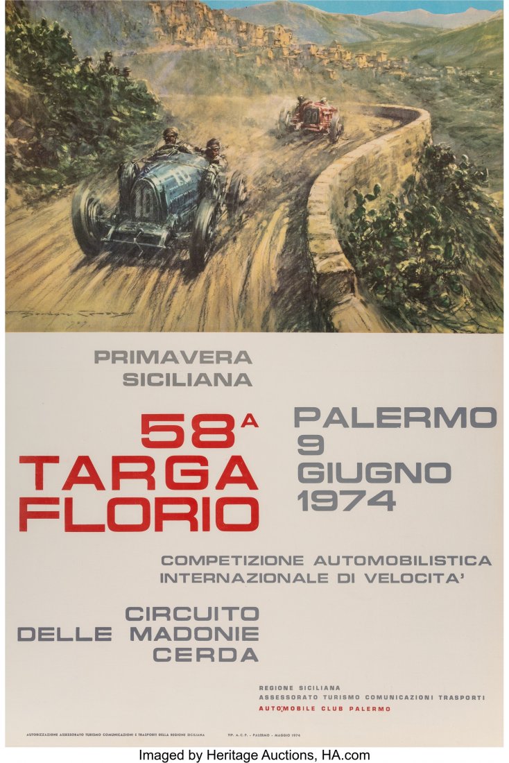 Targa Floria Poster, 1974 38-3/4 x 26 inches (98: Targa Floria Poster, 1974 38-3/4 x 26 inches (98.4 x 66 cm) For the Sicilian open road endurance race founded in 1906. An original event poster featuring the 1929 art of Frederick Gordon Crosby (Engli