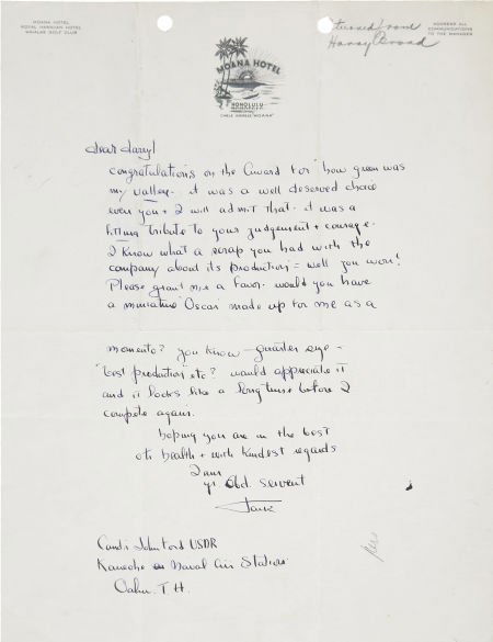 John Ford Signed Letter to Darryl Zanuck. A sing