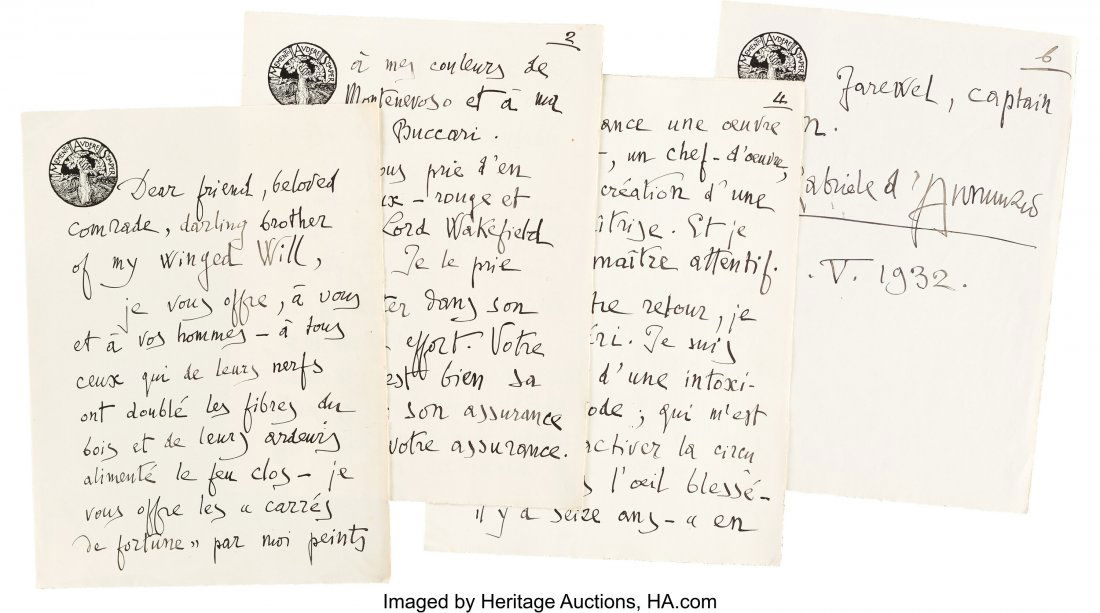 Gabriele d'Annunzio Autograph Letter Signed. Six (1 of 2)