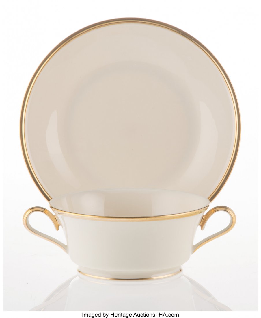 A Forty-Eight-Piece Lenox Porcelain Eternal Patt: A Forty-Eight-Piece Lenox Porcelain Eternal Pattern Dinner Service, Trenton, New Jersey, designed 1965 Marks: (laurel wreath-L), LENOX, ETERNAL, LENOX INC., MADE IN U.S.A. 2-1/4 x 6-1/2 x 4-7/8 inches