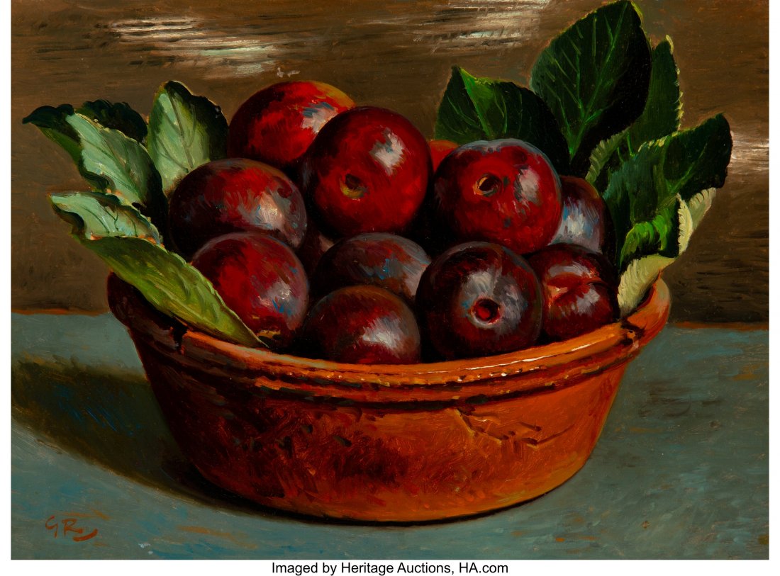Gerard Victor Alphons Roling (Dutch, 1904-1981): Gerard Victor Alphons Roling (Dutch, 1904-1981) Plums in a Bowl Oil on Masonite 9-1/4 x 12 inches (23.5 x 30.5 cm) Initialed lower left: G. R- HID03101062020 © 2020 Heritage Auctions | All Rights