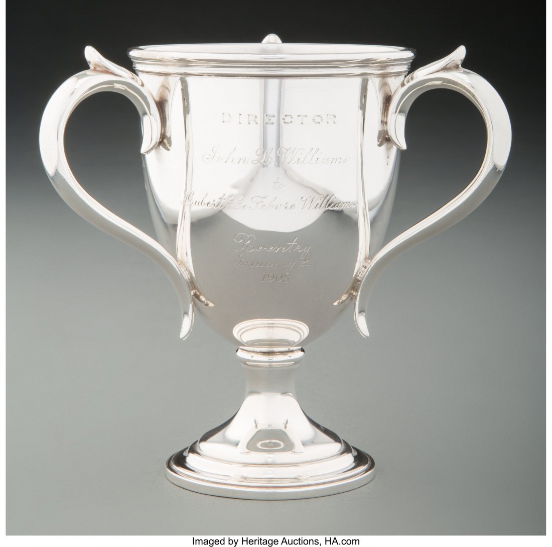 A Gorham Mfg. Co. Silver Three-Handled Trophy, P: A Gorham Mfg. Co. Silver Three-Handled Trophy, Providence, Rhode Island, 1900 Marks: (lion-anchor-G), STERLING, 369, (year mark) 5-1/8 x 5-1/4 inches (13.0 x 13.3 cm) 6.19 troy ounces Inscription: LAS