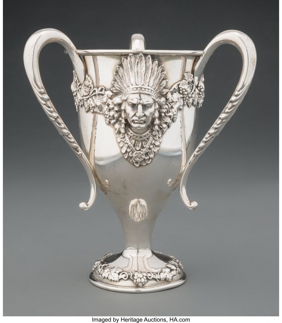 A Gorham Mfg. Co. Silver Three-Handled Trophy wi: A Gorham Mfg. Co. Silver Three-Handled Trophy with American Indian Mask, Providence, Rhode Island, 1902 Marks: GORHAM MFG Co. STERLING, (lion's head-B), 20166 7-3/4 x 6-1/2 inches (19.7 x 16.5 cm) 19.