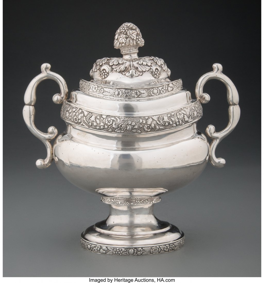 A John Crawford Coin Silver Covered Bowl, New Yo: A John Crawford Coin Silver Covered Bowl, New York, circa 1825 Marks: J. CRAWFORD 9-1/4 x 9-1/4 x 5-1/4 inches (23.5 x 23.5 x 13.3 cm) 22.24 troy ounces HID03101062020 © 2020 Heritage Auctions |