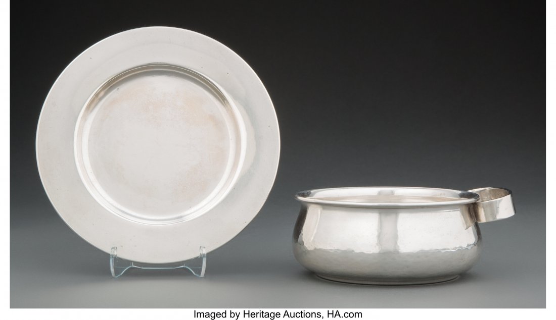 A Porter Blanchard Silver Bowl and Underplate, C: A Porter Blanchard Silver Bowl and Underplate, Calabasas, California , mid-20th century Marks to underplate: HANDMADE STERLING, (silversmith), PORTER BLANCHARD 2 x 5-1/4 x 4-1/2 inches (5.1 x 13.3 x 1