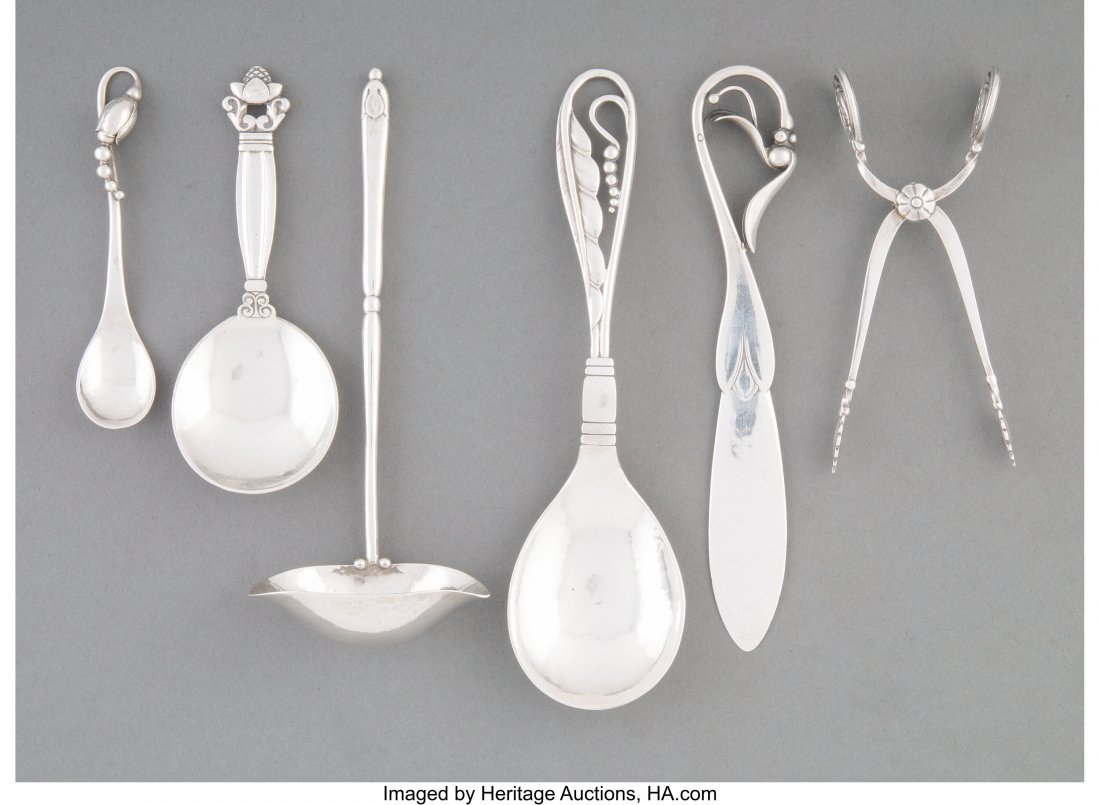 A Group of Six Georg Jensen Serving Pieces, Cope: A Group of Six Georg Jensen Serving Pieces, Copenhagen, 20th century Marks: (various) 6 inches (15.2 cm) (longest) 4.65 troy ounces HID03101062020 © 2020 Heritage Auctions | All Rights Reserved