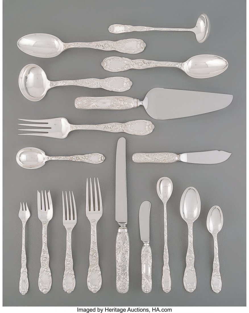 A One Hundred Twenty-One-Piece Tiffany & Co.: A One Hundred Twenty-One-Piece Tiffany & Co. Chrysanthemum Pattern Silver Flatware Service, New York, designed 1880 Marks: TIFFANY & CO., STERLING, PAT. 1880. M. 10-1/2 inches (26.7 cm) (longest, cake