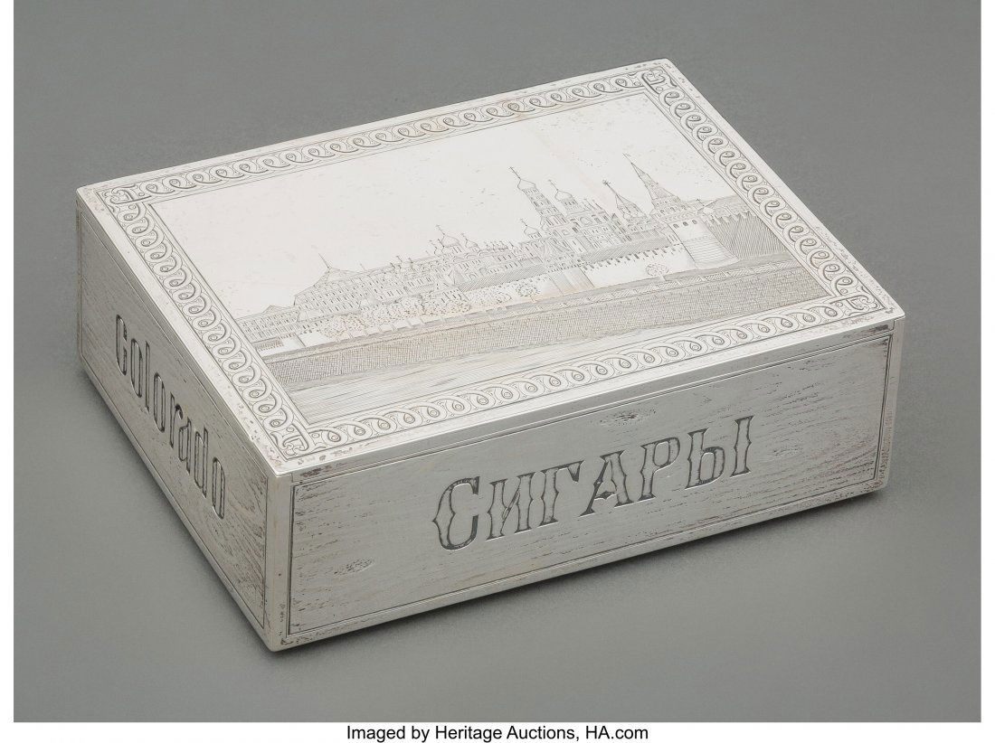 An A. N. Krilov Partial Gilt Silver Cigar Box Ma: An A. N. Krilov Partial Gilt Silver Cigar Box Made for Tiffany & Co., Moscow, Russia, circa 1900 Marks: AHK, 84, (Moscow city mark), MADE FOR TIFFANY & Co. 2 x 6-1/8 x 4-5/8 inches (5.1 x 15.6