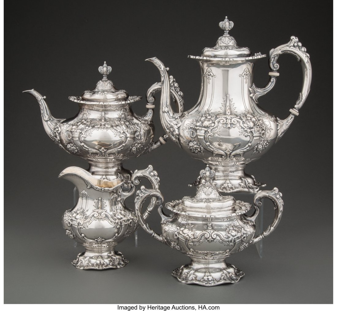 A Four-Piece Reed & Barton Francis I Pattern Si: A Four-Piece Reed & Barton Francis I Pattern Silver Tea and Coffee Service, Taunton, Massachusetts, 1956 Marks: REED & BARTON, STERLING, FRANCIS, (year mark), (various) 11 x 10-1/2 x 5-3/4 inc