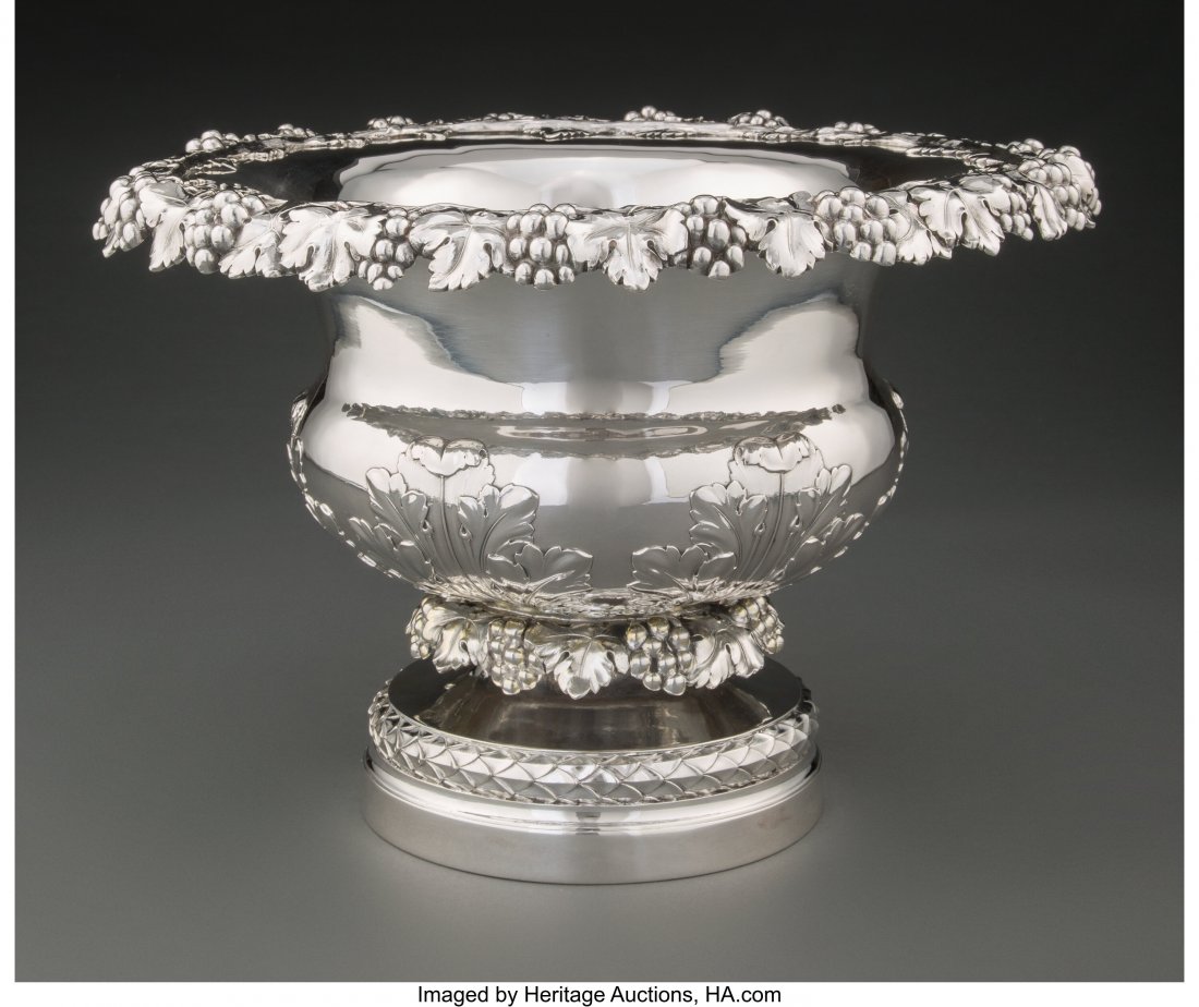 A Benjamin Smith III Silver Wine Cooler, London,: A Benjamin Smith III Silver Wine Cooler, London, 1821 Marks: (lion passant), (crowned leopard's head), (duty mark), f, BS 8-7/8 x 13-1/4 inches (22.4 x 33.7 cm) 122.13 troy ounces The wine cooler with
