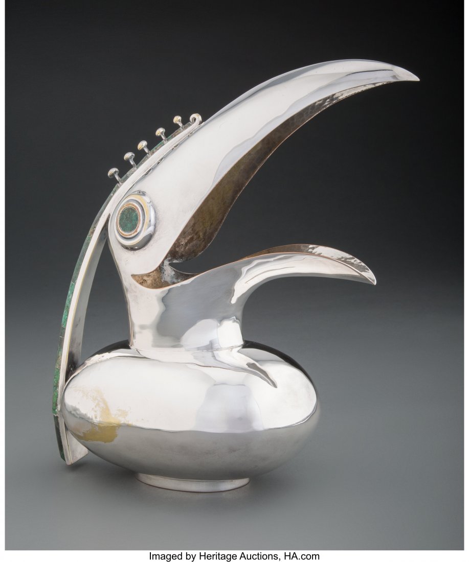 A Los Castillo Silver Plated Brass Toucan-Form P: A Los Castillo Silver Plated Brass Toucan-Form Pitcher with Malachite Inlay, Taxco, Mexico, circa 1950 Marks: LOS CASTILLO, TAXCO, HAND WROUGHT, HECHO EN MEXICO, 315 12 x 12 x 5 inches (30.5 x 30.5 x