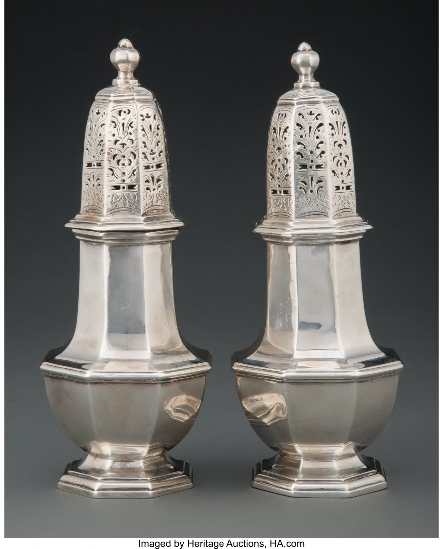 A Pair of Charles Stuart Harris Silver Sugar Cas: A Pair of Charles Stuart Harris Silver Sugar Castors, London, 1899 Marks: (lion's head erased), (Britannia), (C.S H), d 8-1/4 x 3-1/4 inches (21.0 x 8.3 cm) 29.44 troy ounces HID03101062020 © 202
