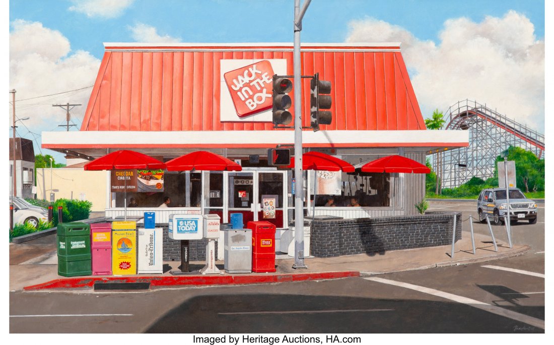 John Baeder (b. 1938) Jack in the Box, Mission B: John Baeder (b. 1938) Jack in the Box, Mission Beach, California, 2007 Oil on canvas 30 x 48 inches (76.2 x 121.9 cm) Signed and dated lower right: Baeder '07 PROVENANCE: The artist; Private collectio