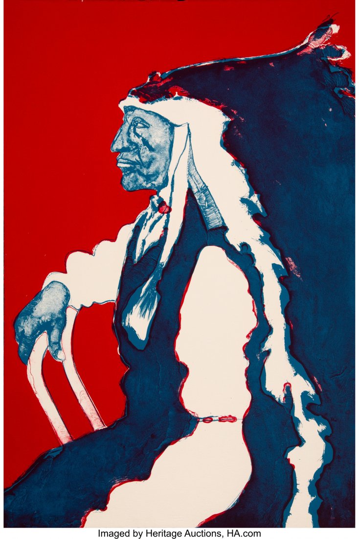 Fritz Scholder (American, 1937 - 2005) Patrioti: Fritz Scholder (American, 1937 - 2005) Patriotic Indian c. 1975 color lithograph, signed in pencil along lower edge Provenance: From the Joanna M. Champlin Trust Published: Fritz Scholder Lithographs 