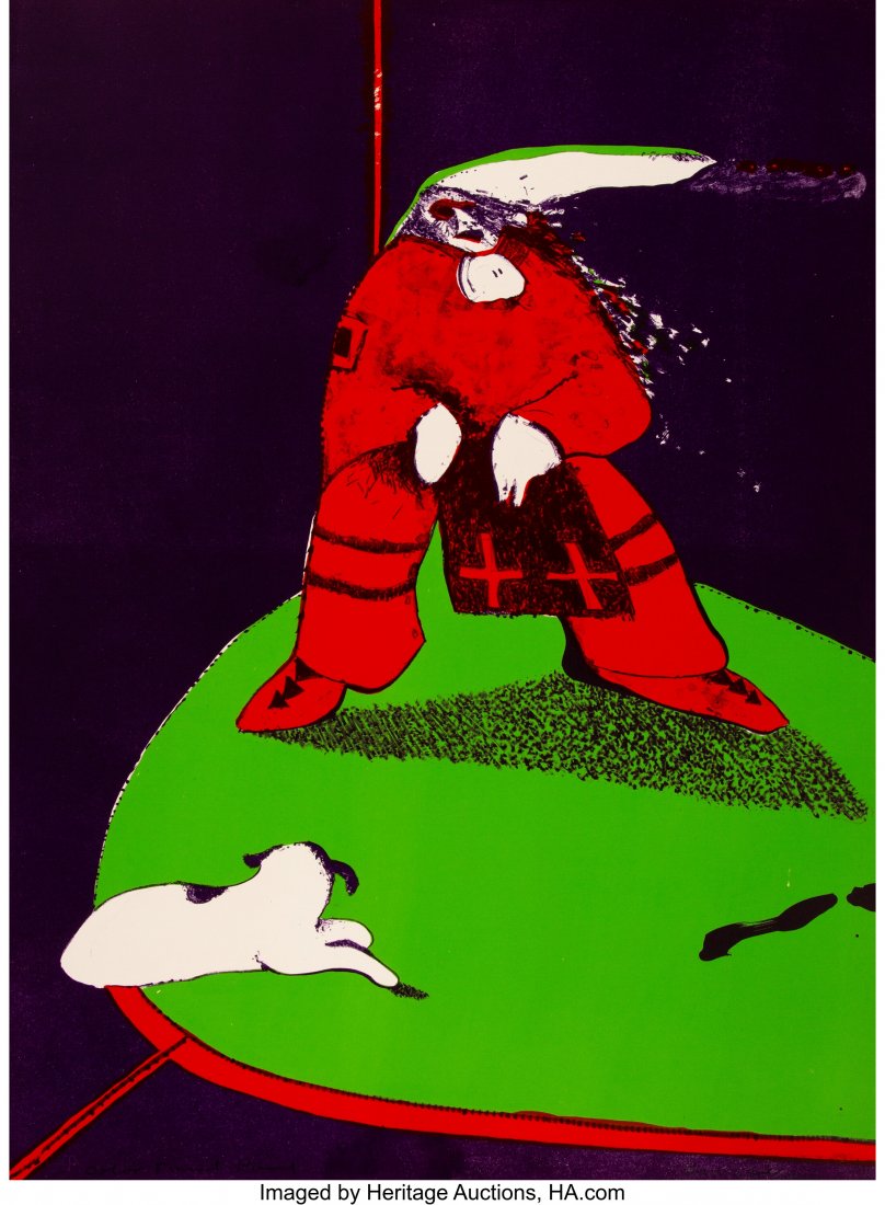 Fritz Scholder (American, 1937 - 2005) Indian a: Fritz Scholder (American, 1937 - 2005) Indian at the Circus c. 1970 color lithograph, signed in pencil along the bottom edge, Color (illegible) Proof Provenance: From the Joanna M. Champlin Trust Dime
