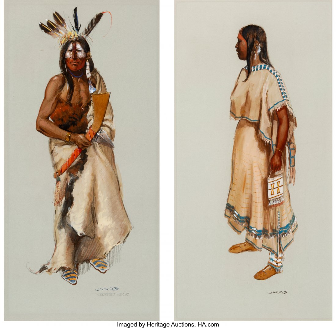 Ned Jacob (b. 1938) Yanktonai Sioux Santee Woma: Ned Jacob (b. 1938) Yanktonai Sioux Santee Woman each mixed media on paper, signed lower right Provenance: The L. D. Bax Collection Dimensions: the first, 28 &frac14; x 14 inches (sight), 36 &