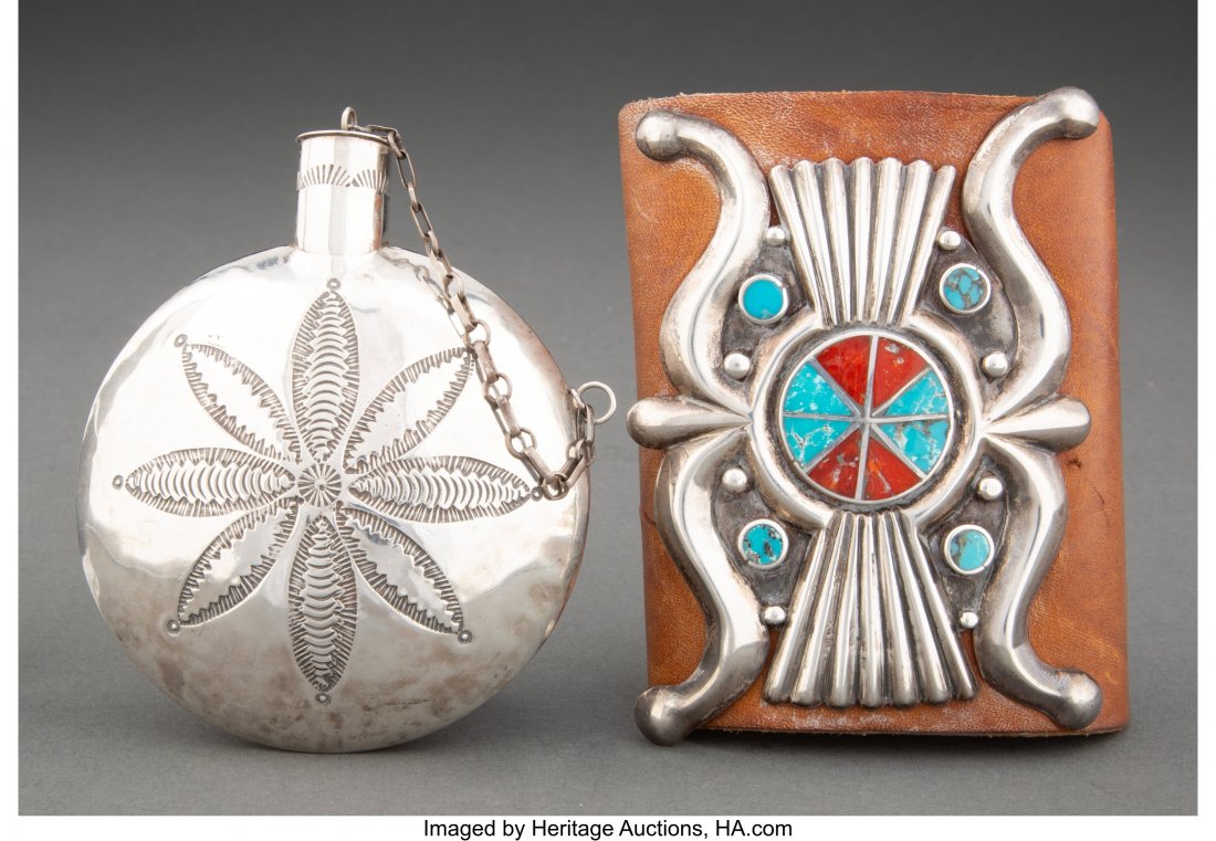 Two Navajo Items c. 1955 including a bow guard: Two Navajo Items c. 1955 including a bow guard, Ketoh and a tobacco canteen, silver, turquoise, coral, commercial leather Provenance: From the L. D. Bax Collection Height of ketoh: 4 &frac14; inch