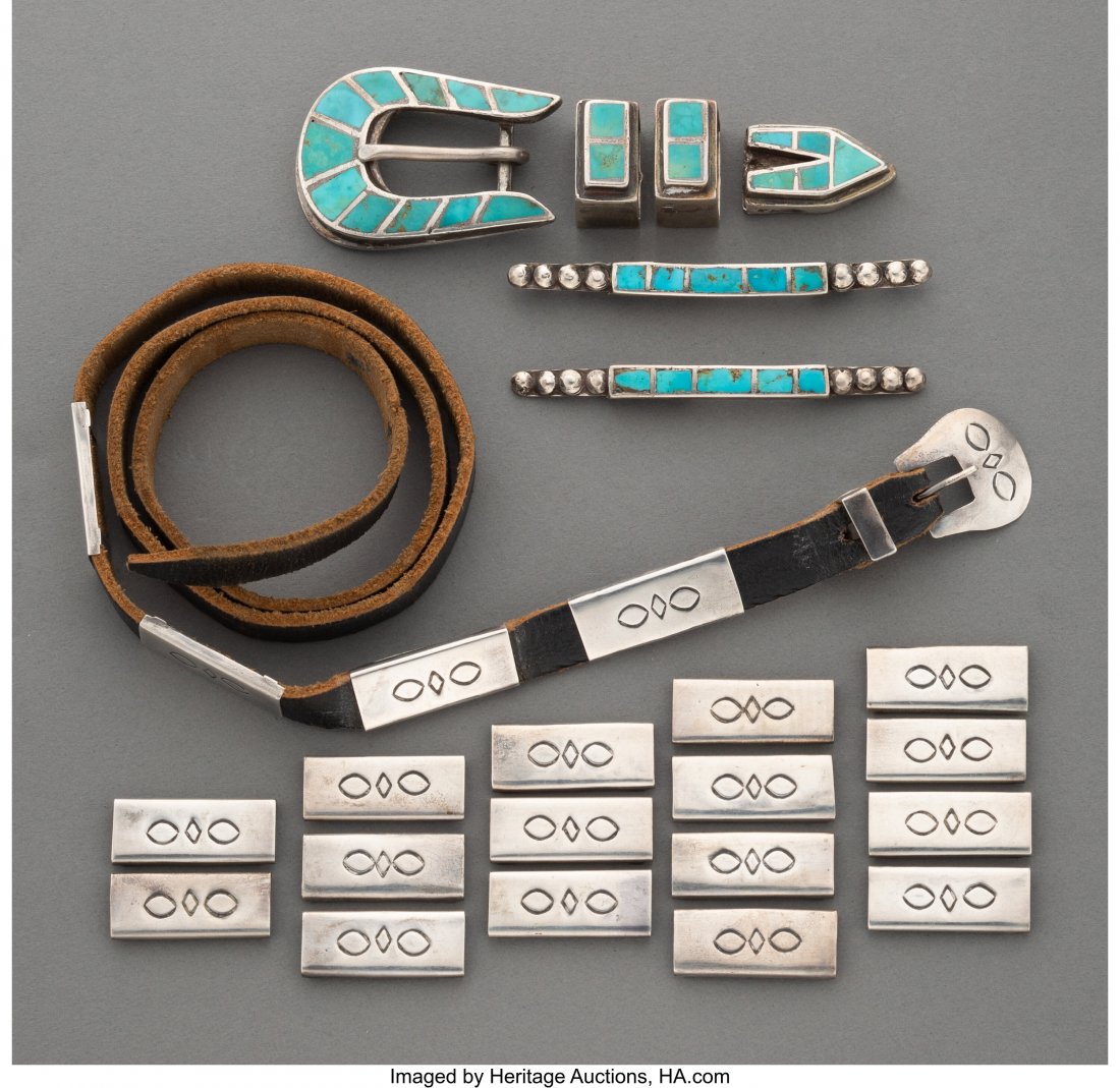 Three Southwest Jewelry Items c. 1950 includin: Three Southwest Jewelry Items c. 1950 including a Zuni ranger set, shirt ornaments, and hatband, silver, turquoise, commercial leather Provenance: From the L. D. Bax Collection Lengths of ornaments: 2