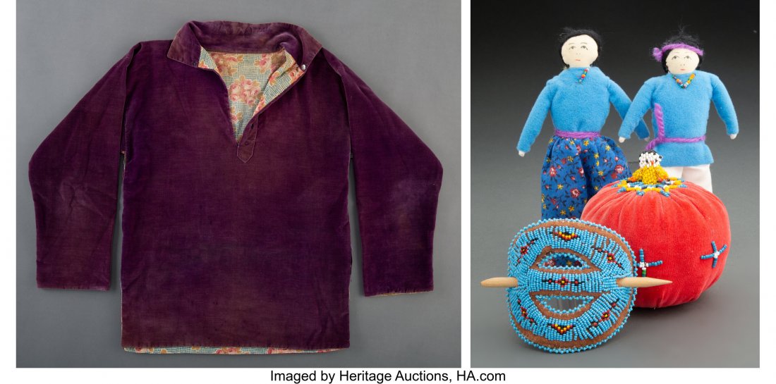 A Navajo Velvet Shirt c. 1920 together with a : A Navajo Velvet Shirt c. 1920 together with a pair of dolls; pin cushion; and hair ornament; velvet, cotton, felt, glass seed beads, wool yarn, commercial leather, wood Provenance: From the L. D. Bax 