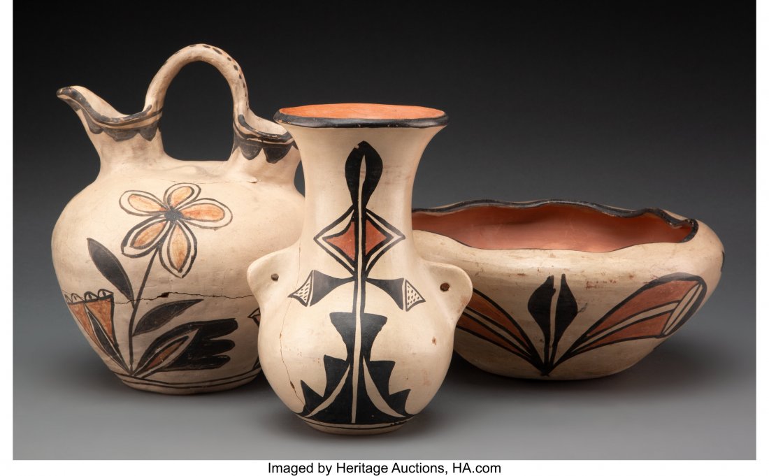 Three Southwest Polychrome Pottery Items c. 190: Three Southwest Polychrome Pottery Items c. 1900 including a San Ildefonso wedding vase and Santo Domingo bowl and vase, clay, paint Provenance: From the L. D. Bax Collection Height of wedding vase: 9