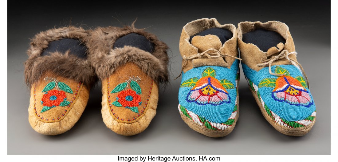 Two Pairs of Plains Beaded Hide Moccasins Athab: Two Pairs of Plains Beaded Hide Moccasins Athabaskan and Shoshone c. 1940 hide, glass seed beads, thread, fur Provenance: From the L. D. Bax Collection Lengths: 10 inches each HID03101062020 © 20