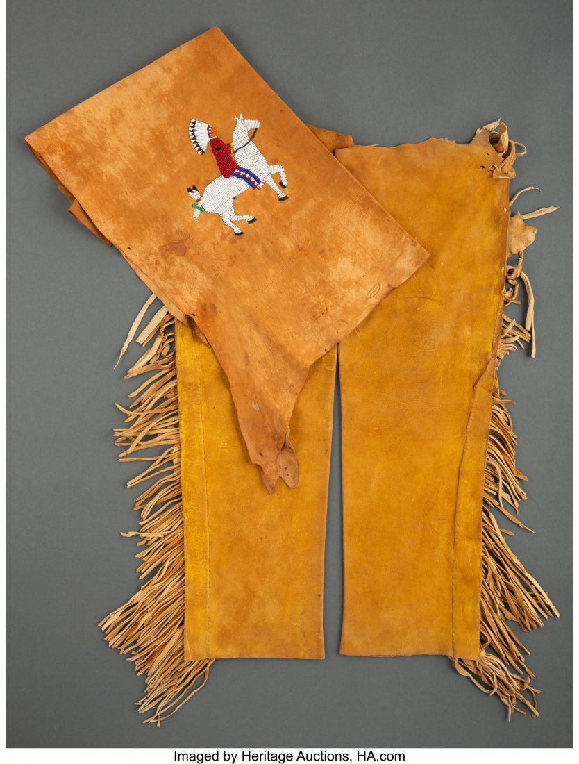 A Pair of Plains Man's Hide Leggings c. 1900 t: A Pair of Plains Man's Hide Leggings c. 1900 together with a single beaded hide pictorial legging, hide, pigment, glass seed beads, sinew, thread Provenance: From the L. D. Bax Collection Lengths: 31 