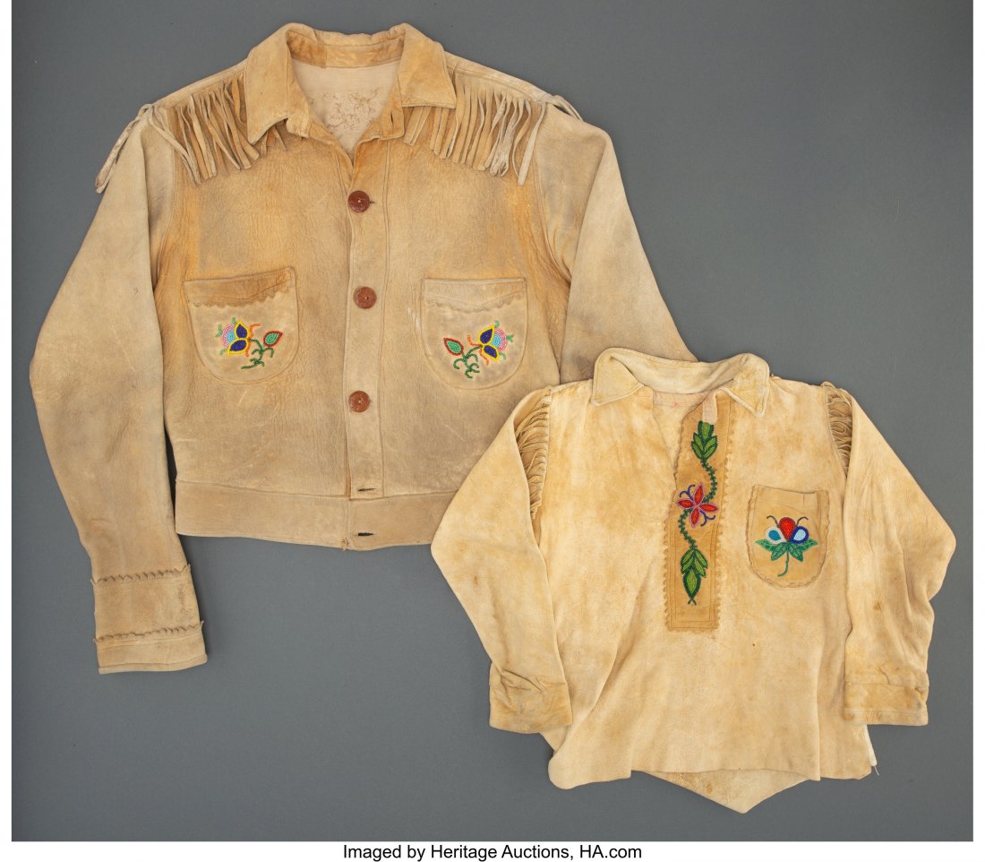 Two Northern Plains Beaded Hide Garments c. 192: Two Northern Plains Beaded Hide Garments c. 1920 including a man's jacket and a boys shirt, hide, brass and glass seed beads, commercial leather buttons, canvas, thread Provenance: From the L. D. Bax 
