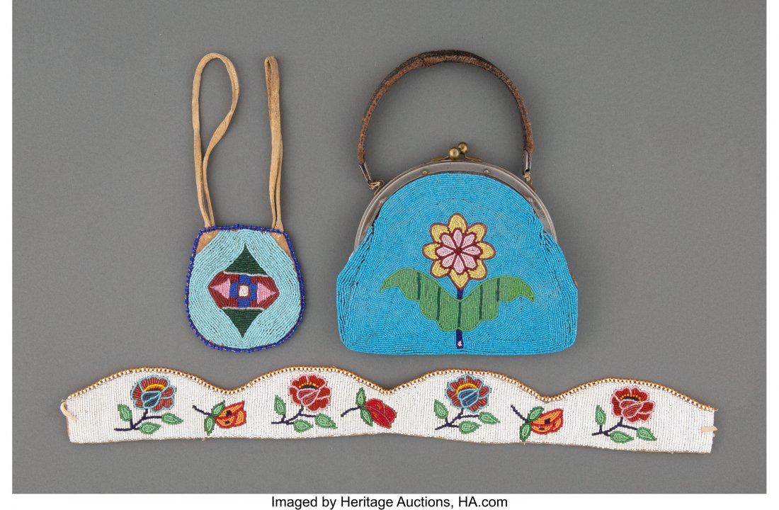 Three Plains / Plateau Beaded Hide Items c. 189: Three Plains / Plateau Beaded Hide Items c. 1890 - 1940 including a small Nez Perce pouch, inscribed on the back, Made by Francis Cody for my dad, Iron Eyes; a Plateau purse; and a Crow headband; hide