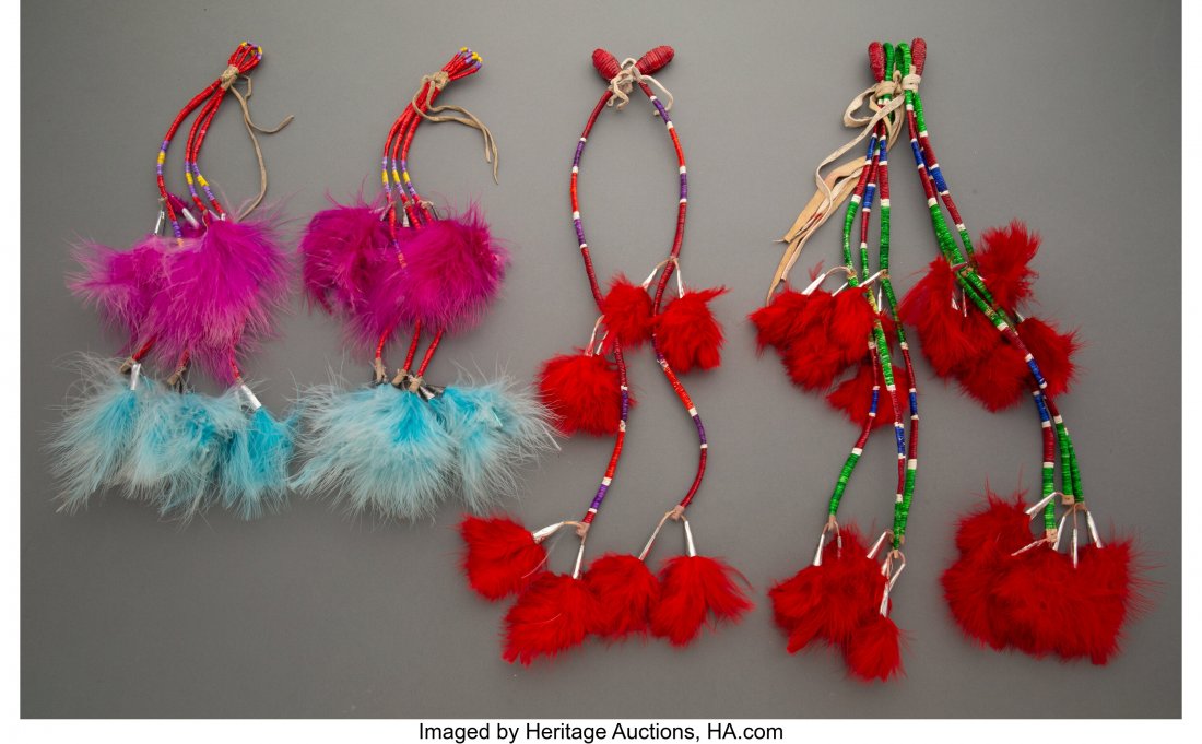 Five Sioux Quilled Hide Hair Ornaments c. 1920 : Five Sioux Quilled Hide Hair Ornaments c. 1920 hide, natural and dyed porcupine quills, metal cones, dyed chicken feathers Provenance: From the L. D. Bax Collection Lengths: ranging from 13 to18 inche