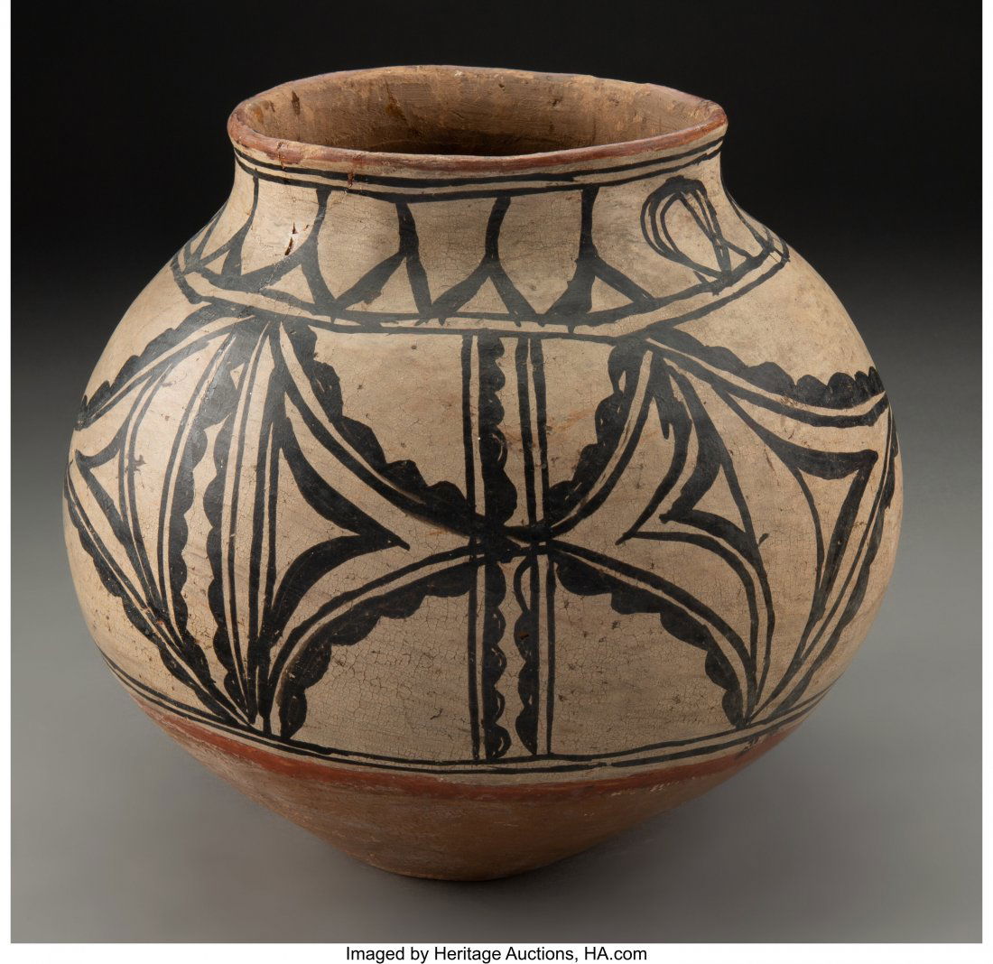 A San Ildefonso / Tesuque Polychrome Jar c. 189: A San Ildefonso / Tesuque Polychrome Jar c. 1890 clay, paint Provenance: From the Estate of Philip R. Jonsson, Dallas, TX Diameter: 10 &frac12; inches HID03101062020 © 2020 Heritage Auctions