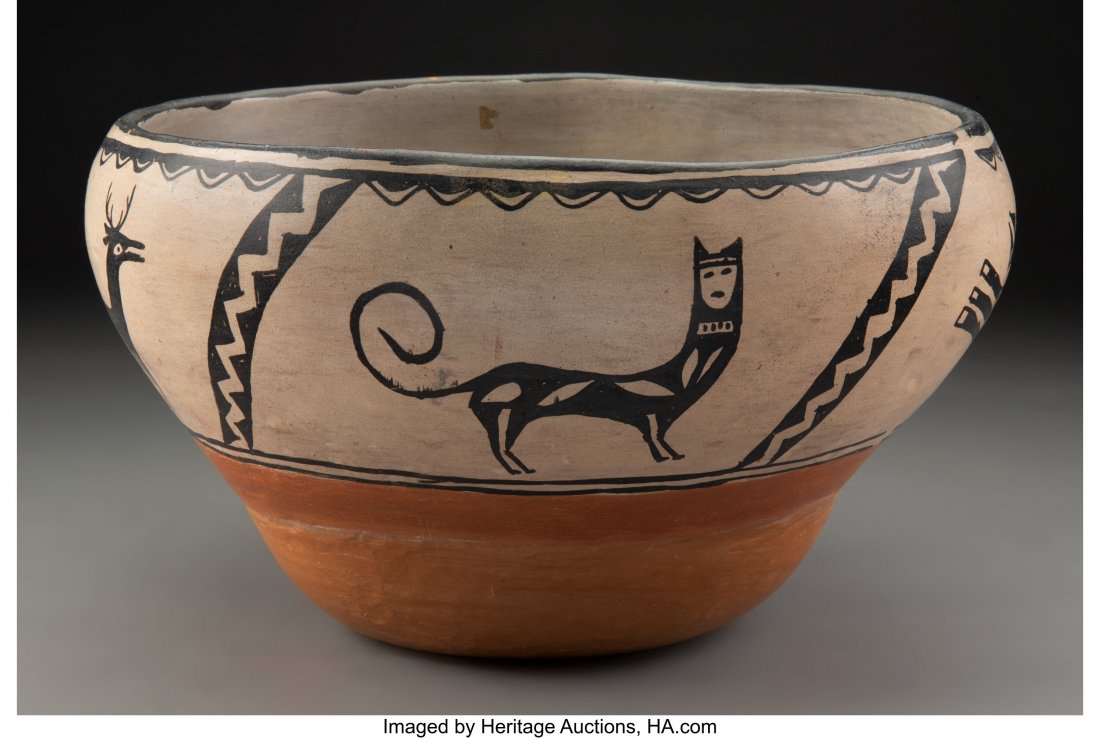 A Cochiti Dough Bowl c. 1935 clay, paint Pro: A Cochiti Dough Bowl c. 1935 clay, paint Provenance: From the Estate of Philip R. Jonsson, Dallas, TX Diameter: 14 inches HID03101062020 © 2020 Heritage Auctions | All Rights Reserved