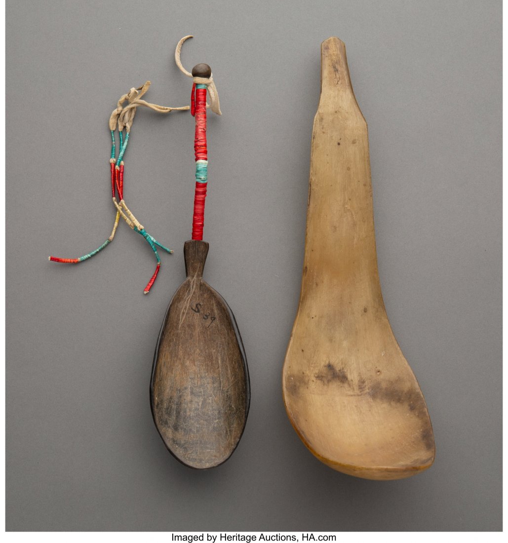Two Plains Horn Implements c. 1890 including a: Two Plains Horn Implements c. 1890 including a Sioux spoon; and an Athabaskan ladle; buffalo horn, dyed porcupine quills, hide, Mountain Sheep horn Provenance: From the L. D. Bax Collection Heights: 9