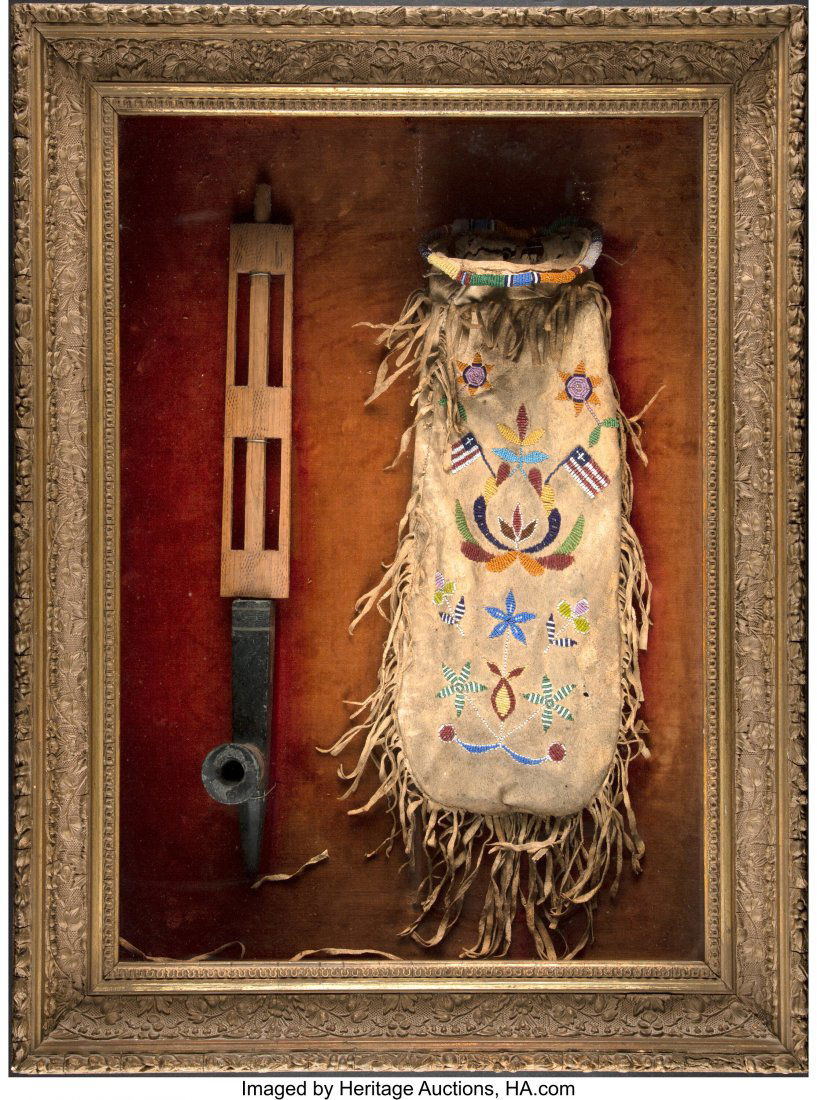 A Sioux Beaded Hide Pictorial Pouch and Puzzle P: A Sioux Beaded Hide Pictorial Pouch and Puzzle Pipe c. 1890 hide, metal and glass seed beads, sinew; wood, steatite, lead; framed Length of pouch: 13 inches, excluding fringe; dimensions of shadow box