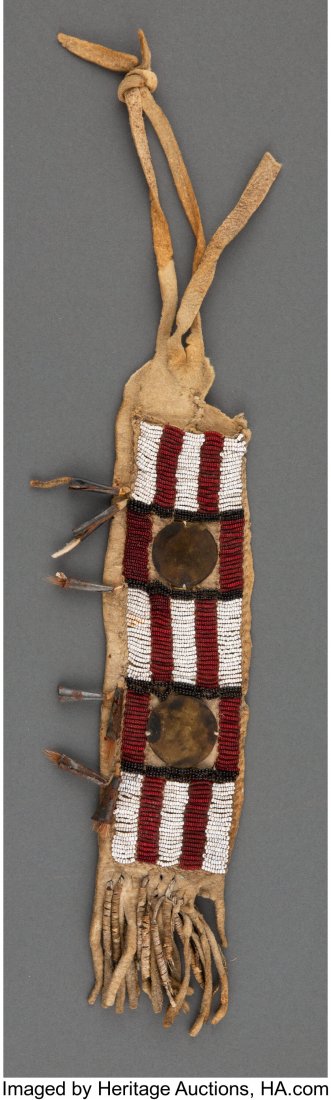 A Plains Beaded Hide Pouch Length: 8 inches, ex: A Plains Beaded Hide Pouch Length: 8 inches, excluding attachments HID03101062020 © 2020 Heritage Auctions | All Rights Reserved