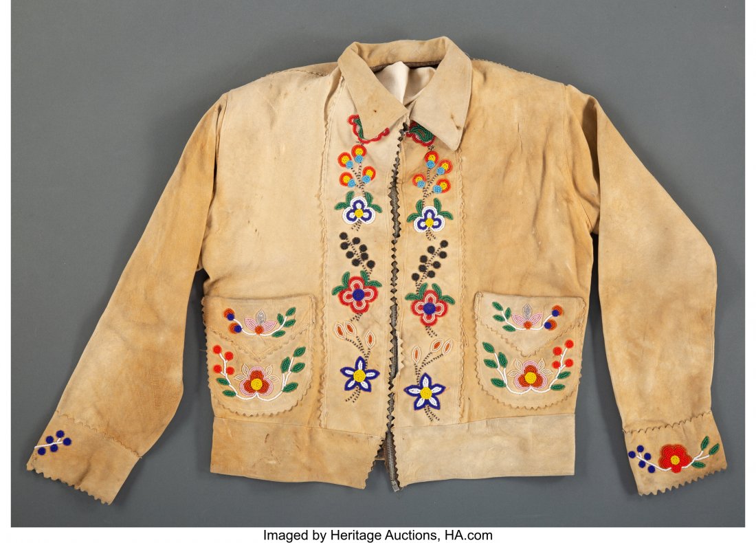 A Cree Man's Beaded Hide Shirt c. 1940 hide, g: A Cree Man's Beaded Hide Shirt c. 1940 hide, glass seed beads, cloth, thread, metal zipper Length: 25 inches HID03101062020 © 2020 Heritage Auctions | All Rights Reserved