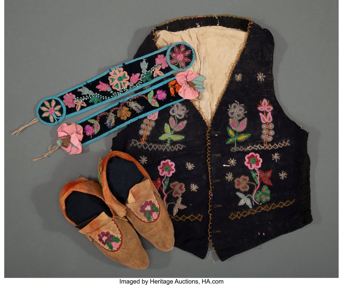 Three Great Lakes Beaded Items including a vest: Three Great Lakes Beaded Items including a vest, pair of arm bands, and pair of moccasins Lengths of moccasins: 10 &frac12; inches each HID03101062020 © 2020 Heritage Auctions | All Rights Re