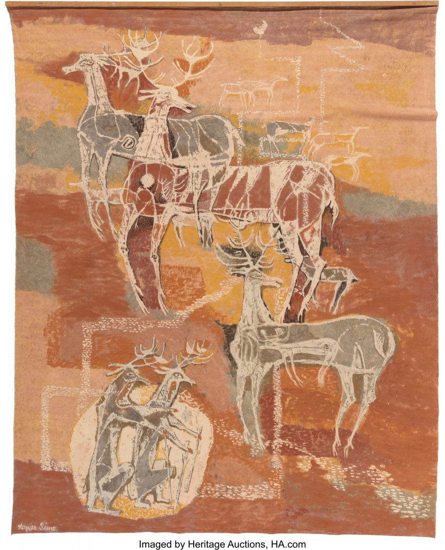 Agnes Sims (American , 1910-1990) Story of the E: Agnes Sims (American , 1910-1990) Story of the Elk Mixed media on cloth 75 x 60 inches (190.5 x 152.4 cm) Signed lower left: Agnes Sims PROVENANCE: Private collection, Northern California. HID03101062