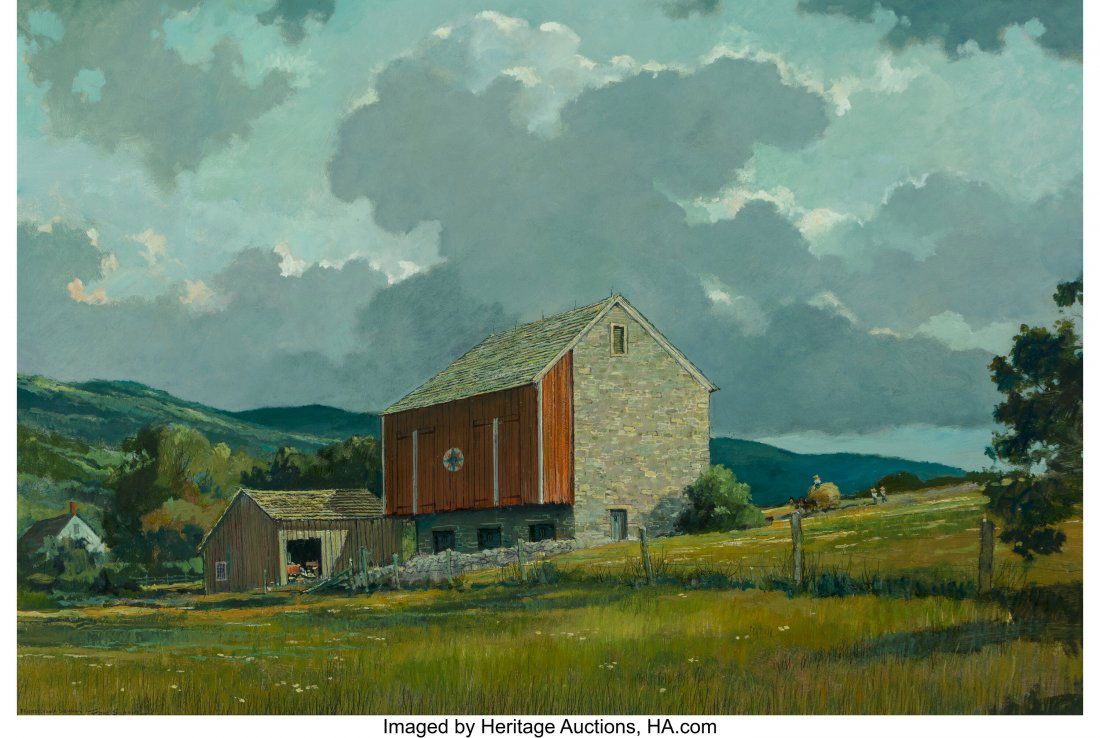 Eric Sloane (American, 1905-1985) Pennsylvania S: Eric Sloane (American, 1905-1985) Pennsylvania Summer Oil on Masonite 25 x 37-1/4 inches (63.5 x 94.6 cm) Signed and titled lower left: Pennsylvania Summer Eric Sloane Signed and inscribed on the reve