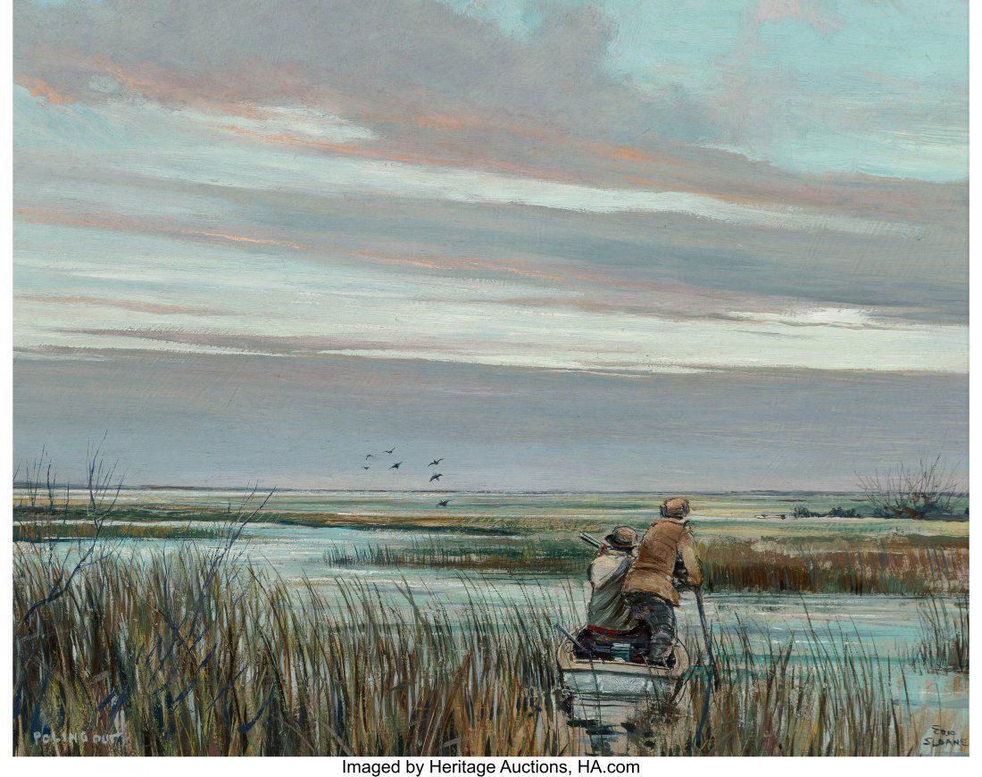 Eric Sloane (American, 1905-1985) Poling Out Oil: Eric Sloane (American, 1905-1985) Poling Out Oil on Masonite 15-1/2 x 19-1/2 inches (39.4 x 49.5 cm) Signed lower right: Eric / Sloane Titled lower left: Poling Out PROVENANCE: Abercrombie & Fitch