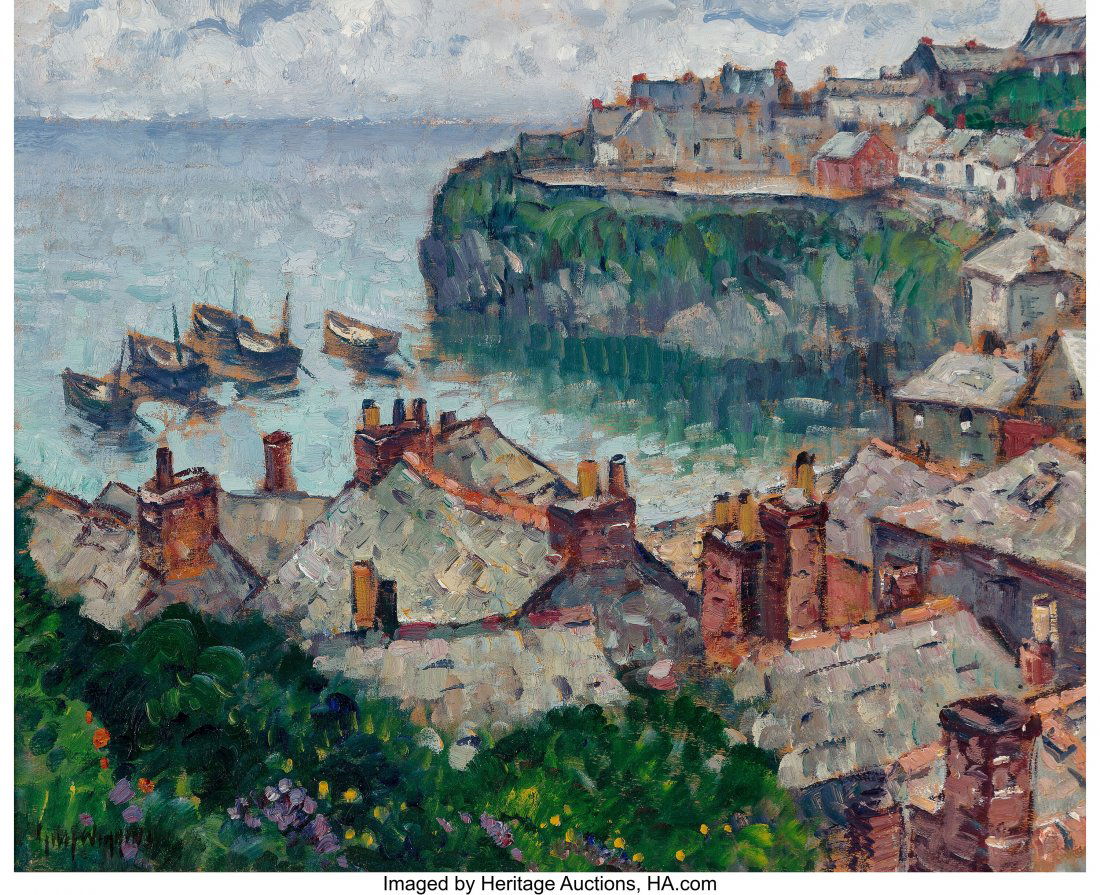 Guy Carleton Wiggins (American, 1883-1962) High: Guy Carleton Wiggins (American, 1883-1962) High Tide in the Cove, 1927 Oil on panel 16 x 19-7/8 inches (40.6 x 50.5 cm) Signed lower left: Guy Wiggins Sigend, dated, and titled on the reverse: High Ti