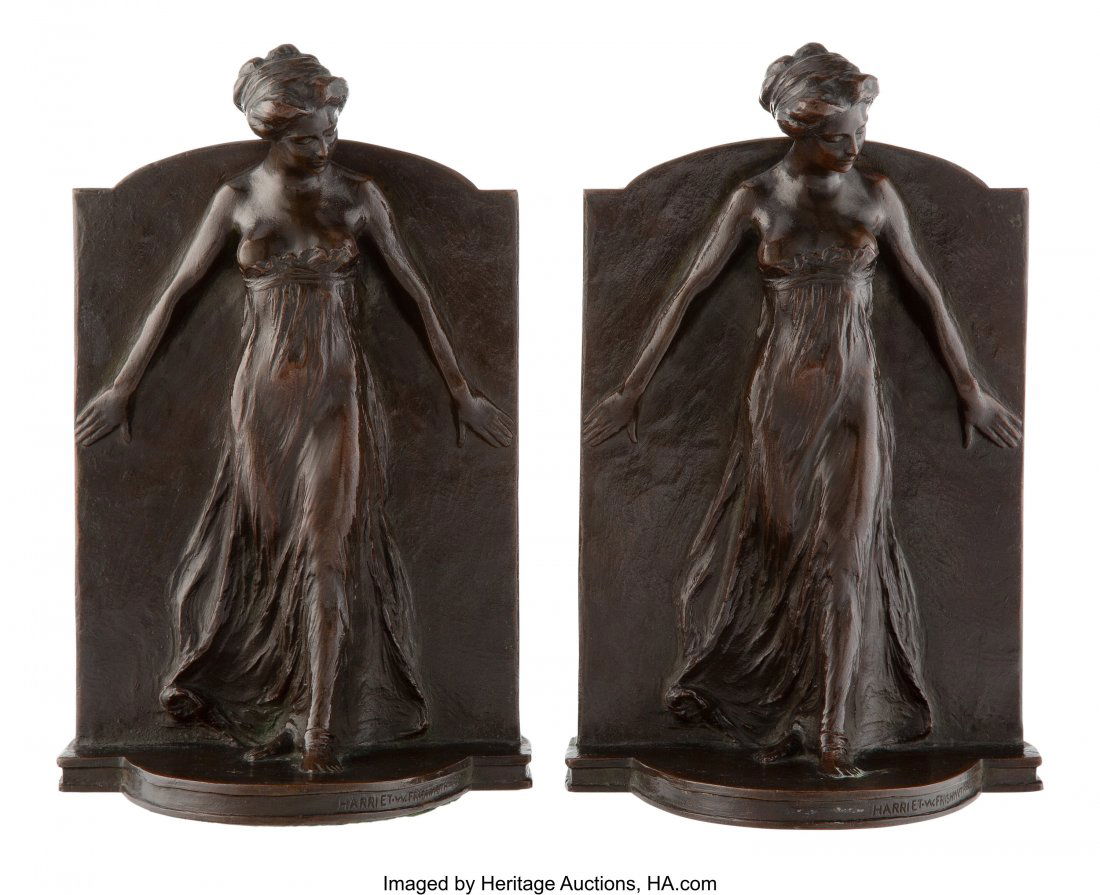 Harriet Whitney Frishmuth (American, 1880-1980): Harriet Whitney Frishmuth (American, 1880-1980) Greek Dancers (pair of bookends, first version), modeled 1910; cast beginning in 1910 Bronze with brown patina, each 9-1/4 inches (23.5 cm) high, each I
