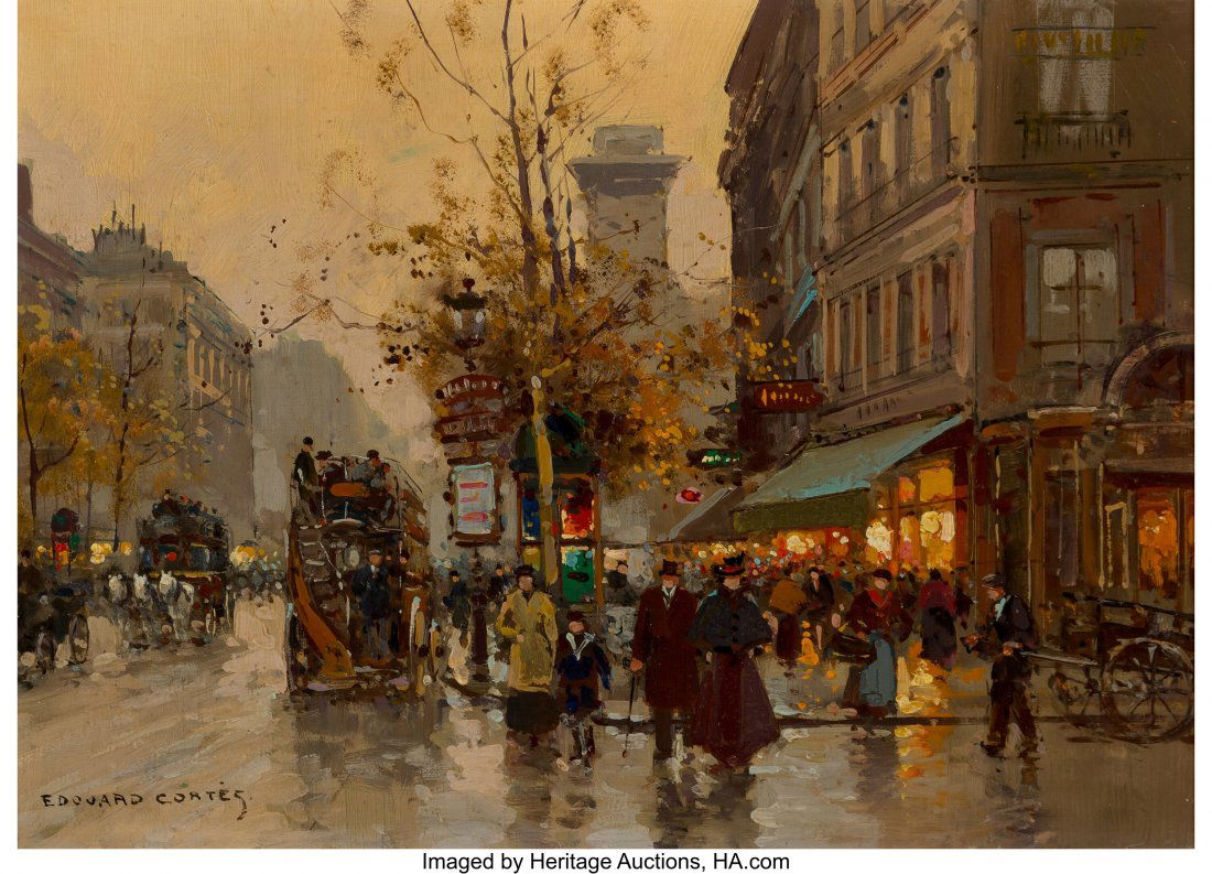 Edouard-Léon Cortes (French, 1882-1969) B: Edouard-Léon Cortes (French, 1882-1969) Boulevard St. Denis, Paris Oil on canvas 18 x 13 inches (45.7 x 33.0 cm) Signed lower left: Edouard Cortes Inscribed on the reverse: 12804 PROVENANCE: Ga